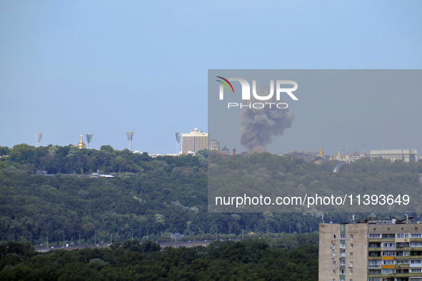 Smoke is rising over the Ukrainian capital as a result of a massive Russian missile strike in Kyiv, Ukraine, on July 08, 2024. NO USE RUSSIA...