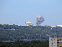 Smoke is rising over the Ukrainian capital as a result of a massive Russian missile strike in Kyiv, Ukraine, on July 08, 2024. NO USE RUSSIA...