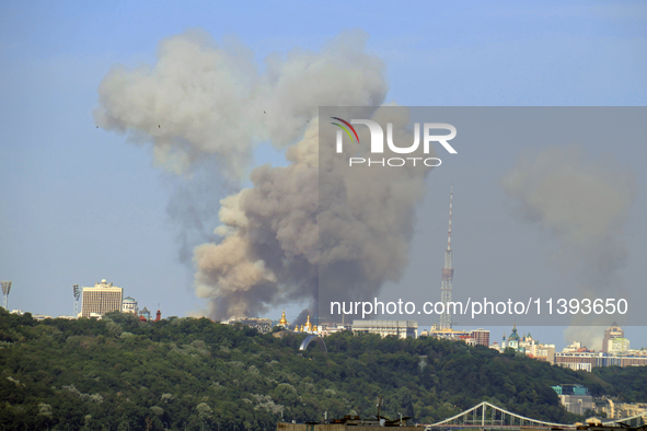 Smoke is rising over the Ukrainian capital as a result of a massive Russian missile strike in Kyiv, Ukraine, on July 08, 2024. NO USE RUSSIA...