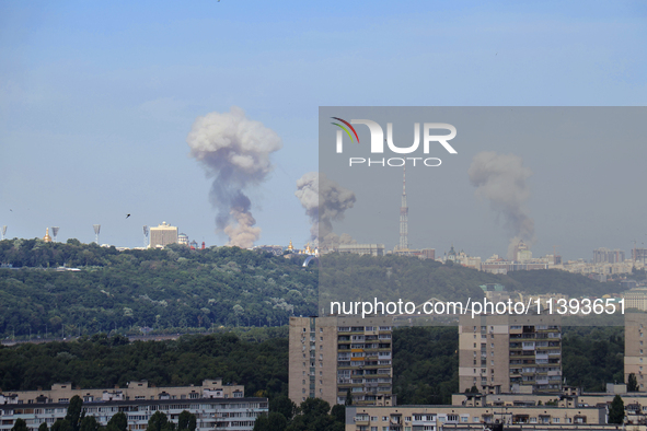 Smoke is rising over the Ukrainian capital as a result of a massive Russian missile strike in Kyiv, Ukraine, on July 08, 2024. NO USE RUSSIA...