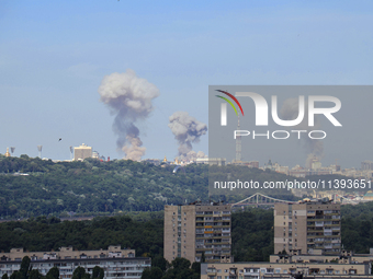 Smoke is rising over the Ukrainian capital as a result of a massive Russian missile strike in Kyiv, Ukraine, on July 08, 2024. NO USE RUSSIA...