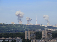 Smoke is rising over the Ukrainian capital as a result of a massive Russian missile strike in Kyiv, Ukraine, on July 08, 2024. NO USE RUSSIA...