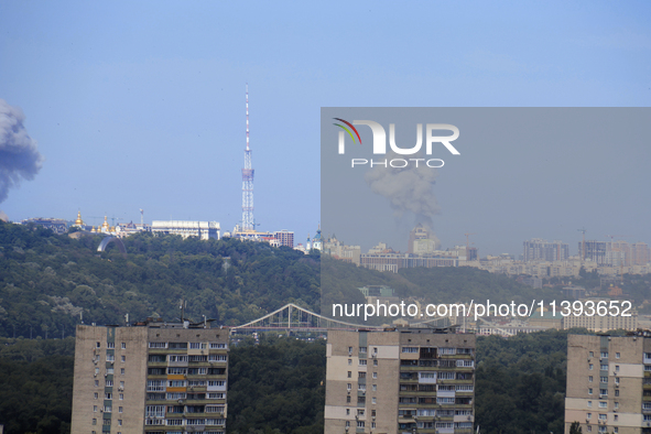 Smoke is rising over the Ukrainian capital as a result of a massive Russian missile strike in Kyiv, Ukraine, on July 08, 2024. NO USE RUSSIA...