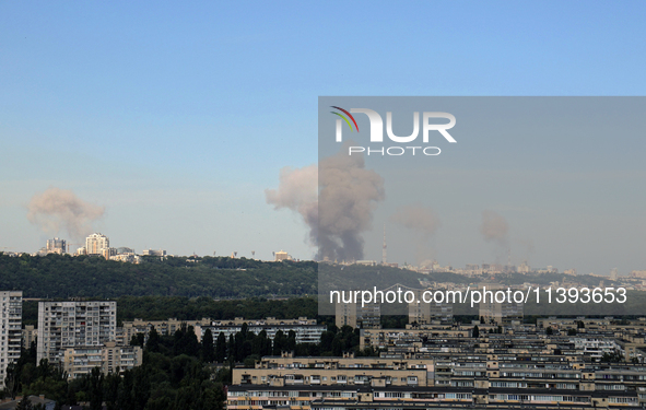 Smoke is rising over the Ukrainian capital as a result of a massive Russian missile strike in Kyiv, Ukraine, on July 08, 2024. NO USE RUSSIA...