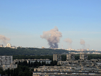 Smoke is rising over the Ukrainian capital as a result of a massive Russian missile strike in Kyiv, Ukraine, on July 08, 2024. NO USE RUSSIA...