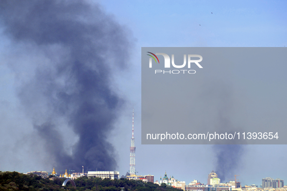 Smoke is rising over the Ukrainian capital as a result of a massive Russian missile strike in Kyiv, Ukraine, on July 08, 2024. NO USE RUSSIA...