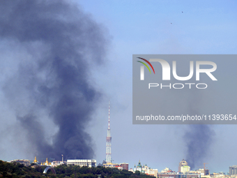 Smoke is rising over the Ukrainian capital as a result of a massive Russian missile strike in Kyiv, Ukraine, on July 08, 2024. NO USE RUSSIA...