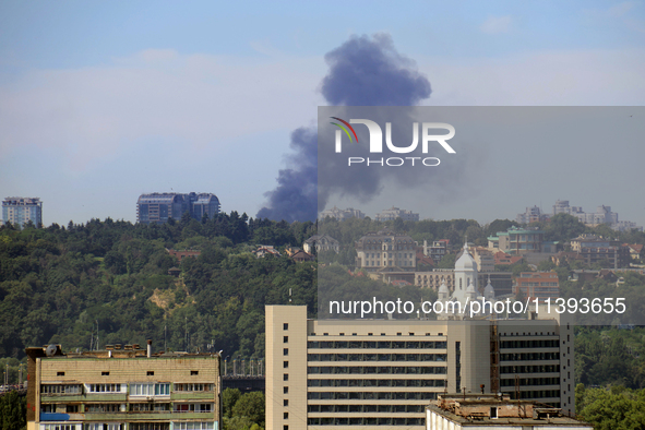 Smoke is rising over the Ukrainian capital as a result of a massive Russian missile strike in Kyiv, Ukraine, on July 08, 2024. NO USE RUSSIA...