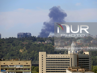 Smoke is rising over the Ukrainian capital as a result of a massive Russian missile strike in Kyiv, Ukraine, on July 08, 2024. NO USE RUSSIA...