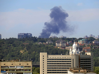 Smoke is rising over the Ukrainian capital as a result of a massive Russian missile strike in Kyiv, Ukraine, on July 08, 2024. NO USE RUSSIA...