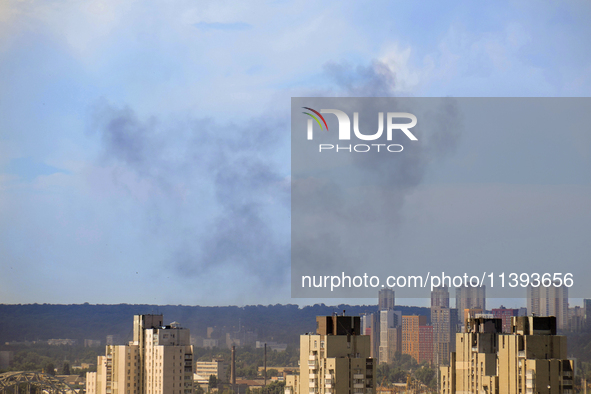 Smoke is rising over the Ukrainian capital as a result of a massive Russian missile strike in Kyiv, Ukraine, on July 08, 2024. NO USE RUSSIA...