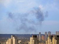 Smoke is rising over the Ukrainian capital as a result of a massive Russian missile strike in Kyiv, Ukraine, on July 08, 2024. NO USE RUSSIA...