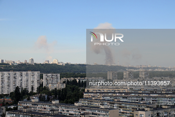 Smoke is rising over the Ukrainian capital as a result of a massive Russian missile strike in Kyiv, Ukraine, on July 08, 2024. NO USE RUSSIA...