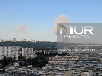 Smoke is rising over the Ukrainian capital as a result of a massive Russian missile strike in Kyiv, Ukraine, on July 08, 2024. NO USE RUSSIA...