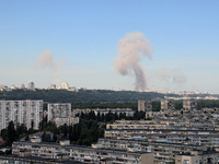 Smoke is rising over the Ukrainian capital as a result of a massive Russian missile strike in Kyiv, Ukraine, on July 08, 2024. NO USE RUSSIA...