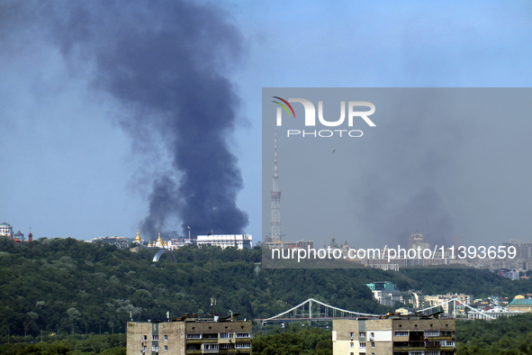 Smoke is rising over the Ukrainian capital as a result of a massive Russian missile strike in Kyiv, Ukraine, on July 08, 2024. NO USE RUSSIA...