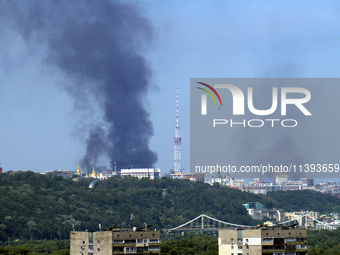 Smoke is rising over the Ukrainian capital as a result of a massive Russian missile strike in Kyiv, Ukraine, on July 08, 2024. NO USE RUSSIA...