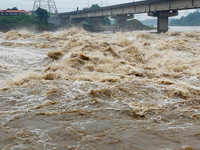 Water levels are rising in the Mahananda River and the Teesta Canal Fulbari near Siliguri, India, on July 9, 2024, due to heavy rainfall in...