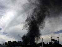 Black smoke is rising in the sky over the city after a Russian missile strike in Kyiv, Ukraine, on July 08, 2024, amid the Russian invasion....