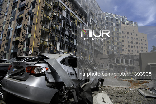 Rescuers and volunteers are working at Ohmatdyt Children's Hospital that was strongly damaged during a Russian missile strike in Kyiv, Ukrai...