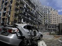 Rescuers and volunteers are working at Ohmatdyt Children's Hospital that was strongly damaged during a Russian missile strike in Kyiv, Ukrai...