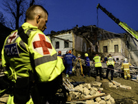 Rescuers are working at Ohmatdyt Children's Hospital that is strongly damaged during a Russian missile strike in Kyiv, Ukraine, on July 08,...