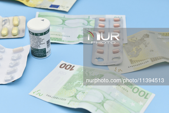 An illustrative image is showing Euros banknotes and medicines in Ankara, Turkey, on July 9, 2024 