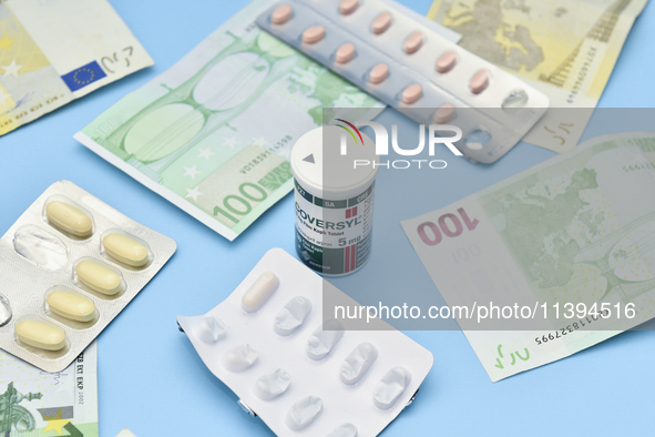 An illustrative image is showing Euros banknotes and medicines in Ankara, Turkey, on July 9, 2024 