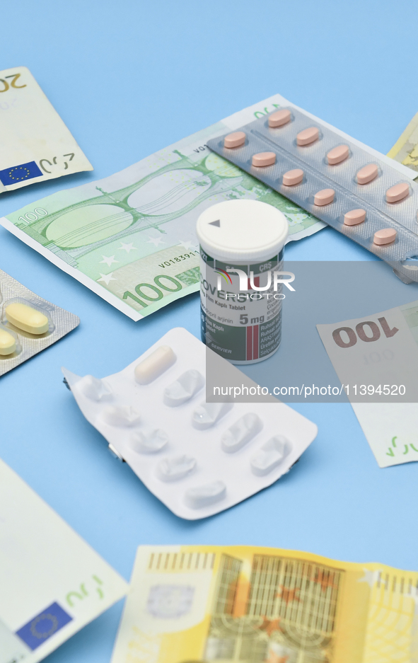 An illustrative image is showing Euros banknotes and medicines in Ankara, Turkey, on July 9, 2024 