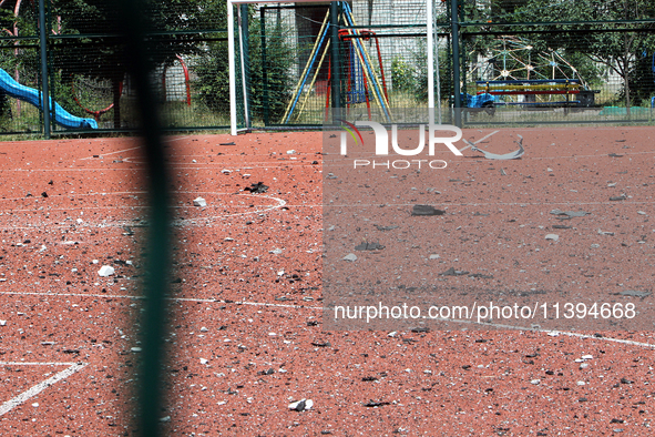 Debris is carpeting a sports ground after the Russian missile attack in Dnipro, Ukraine, on July 8, 2024. NO USE RUSSIA. NO USE BELARUS. 