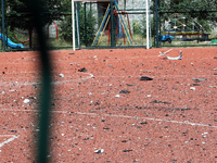 Debris is carpeting a sports ground after the Russian missile attack in Dnipro, Ukraine, on July 8, 2024. NO USE RUSSIA. NO USE BELARUS. (