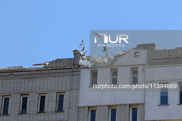 The roof of a residential building is being damaged by the Russian missile attack in Dnipro, Ukraine, on July 8, 2024. NO USE RUSSIA. NO USE...