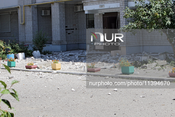 Bricks are lying on the ground at an apartment block damaged by the Russian missile attack in Dnipro, Ukraine, on July 8, 2024. NO USE RUSSI...