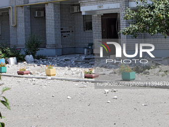 Bricks are lying on the ground at an apartment block damaged by the Russian missile attack in Dnipro, Ukraine, on July 8, 2024. NO USE RUSSI...