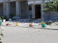 Bricks are lying on the ground at an apartment block damaged by the Russian missile attack in Dnipro, Ukraine, on July 8, 2024. NO USE RUSSI...