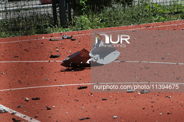 Debris is carpeting a sports ground after the Russian missile attack in Dnipro, Ukraine, on July 8, 2024. NO USE RUSSIA. NO USE BELARUS. 