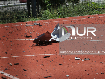 Debris is carpeting a sports ground after the Russian missile attack in Dnipro, Ukraine, on July 8, 2024. NO USE RUSSIA. NO USE BELARUS. (