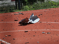 Debris is carpeting a sports ground after the Russian missile attack in Dnipro, Ukraine, on July 8, 2024. NO USE RUSSIA. NO USE BELARUS. (