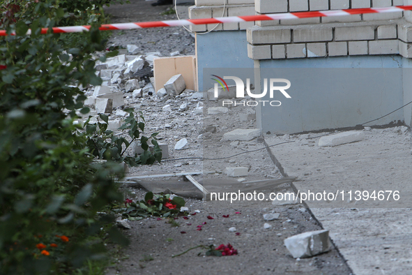 Bricks are lying on the ground at an apartment block damaged by the Russian missile attack in Dnipro, Ukraine, on July 8, 2024. NO USE RUSSI...