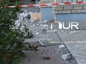 Bricks are lying on the ground at an apartment block damaged by the Russian missile attack in Dnipro, Ukraine, on July 8, 2024. NO USE RUSSI...