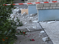 Bricks are lying on the ground at an apartment block damaged by the Russian missile attack in Dnipro, Ukraine, on July 8, 2024. NO USE RUSSI...