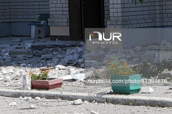 Bricks are lying on the ground at an apartment block damaged by the Russian missile attack in Dnipro, Ukraine, on July 8, 2024. NO USE RUSSI...