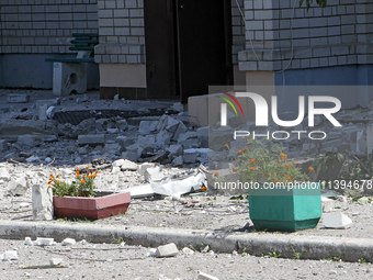 Bricks are lying on the ground at an apartment block damaged by the Russian missile attack in Dnipro, Ukraine, on July 8, 2024. NO USE RUSSI...