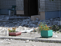 Bricks are lying on the ground at an apartment block damaged by the Russian missile attack in Dnipro, Ukraine, on July 8, 2024. NO USE RUSSI...