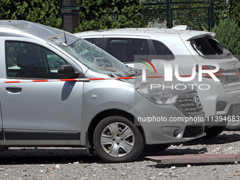 A caution tape is sealing off cars damaged by the Russian missile attack in Dnipro, Ukraine, on July 8, 2024. NO USE RUSSIA. NO USE BELARUS....