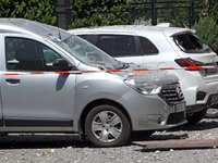 A caution tape is sealing off cars damaged by the Russian missile attack in Dnipro, Ukraine, on July 8, 2024. NO USE RUSSIA. NO USE BELARUS....