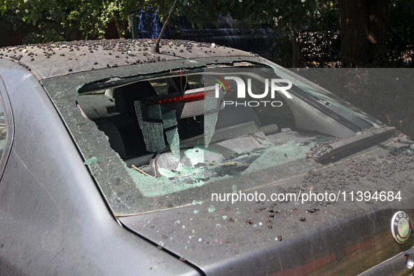 A car is being damaged by the Russian missile attack in Dnipro, Ukraine, on July 8, 2024. NO USE RUSSIA. NO USE BELARUS. 