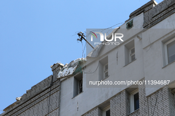 The roof of a residential building is being damaged by the Russian missile attack in Dnipro, Ukraine, on July 8, 2024. NO USE RUSSIA. NO USE...