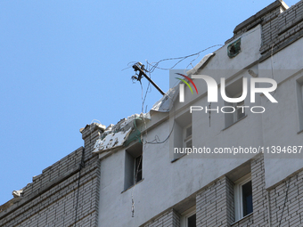 The roof of a residential building is being damaged by the Russian missile attack in Dnipro, Ukraine, on July 8, 2024. NO USE RUSSIA. NO USE...