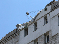 The roof of a residential building is being damaged by the Russian missile attack in Dnipro, Ukraine, on July 8, 2024. NO USE RUSSIA. NO USE...